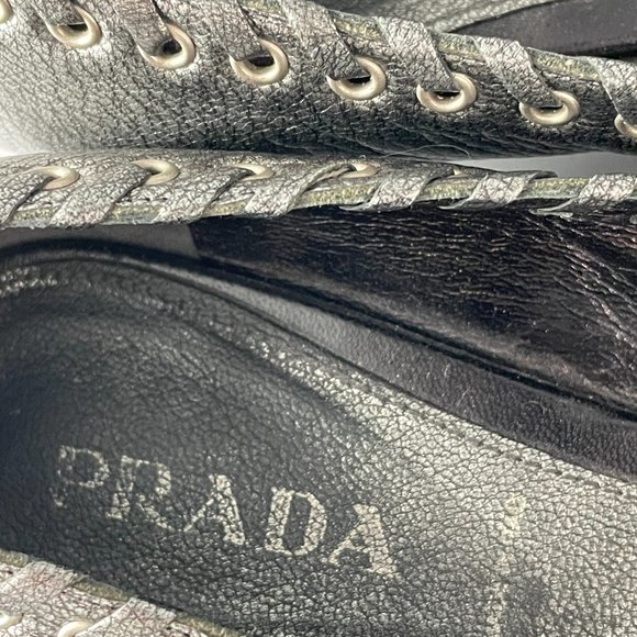 Authentic PRADA Pewter Metallic Leather Block Heels, 36 1/2 - Picture 11 of 11